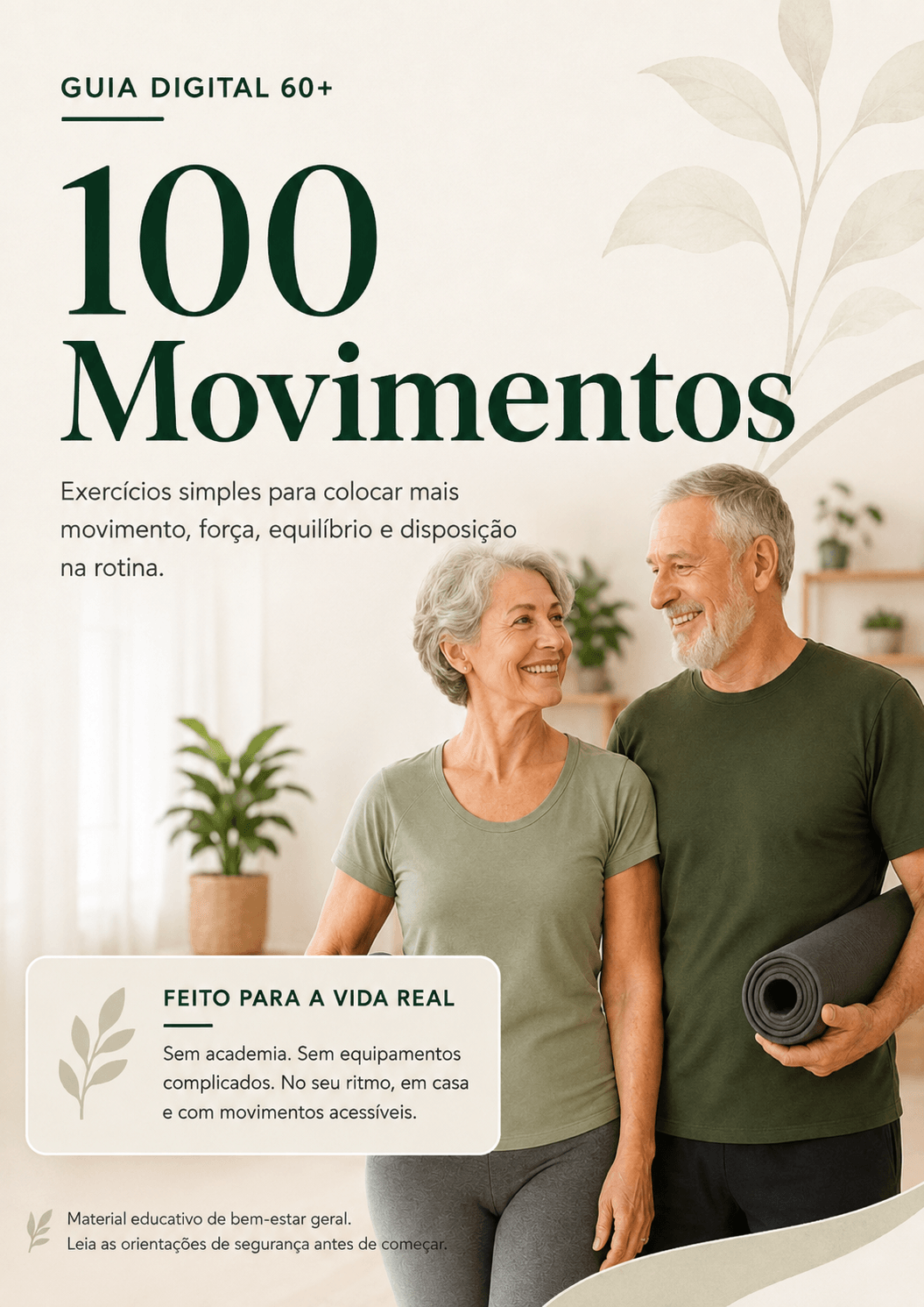 Casal maduro em ambiente residencial claro, vestindo roupas em tons de verde-oliva, sorrindo — capa do guia 100 Movimentos